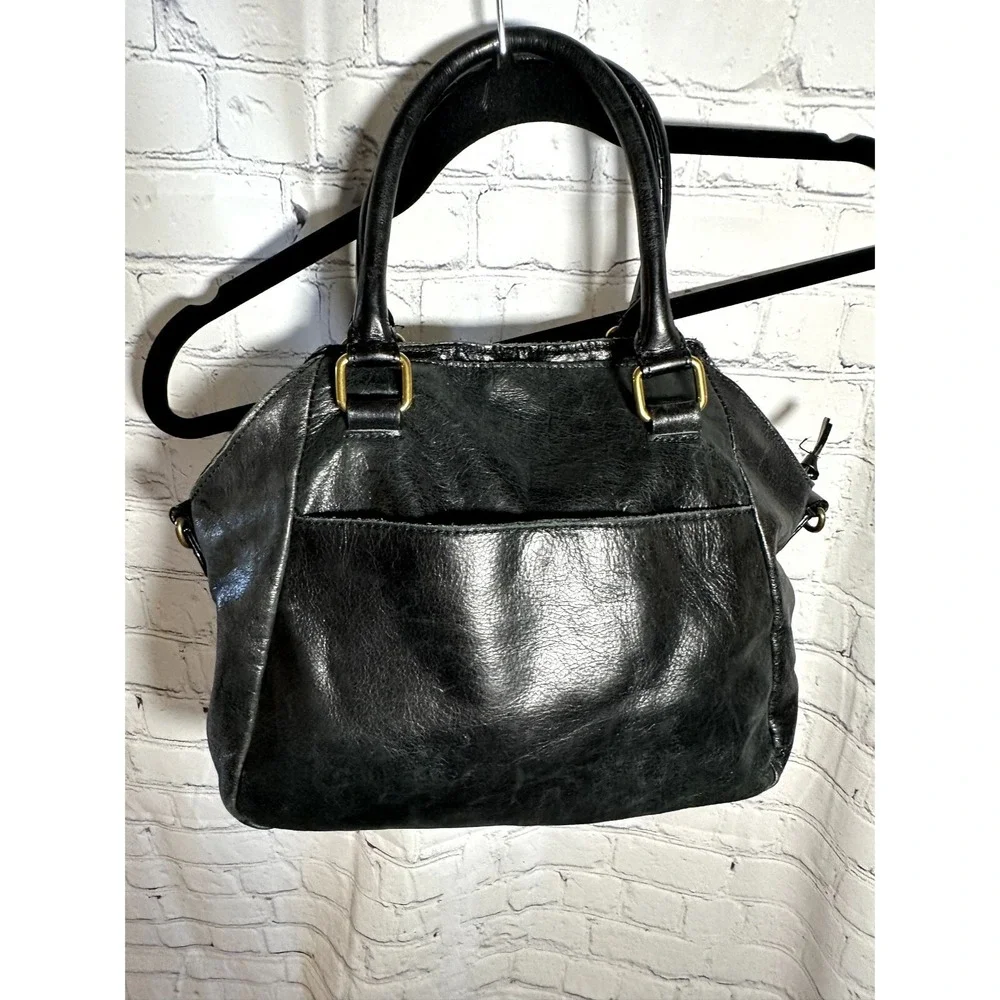 Elliott Lucca Black Leather Satchel Handbag Gold Hardware Turn Lock Pocket